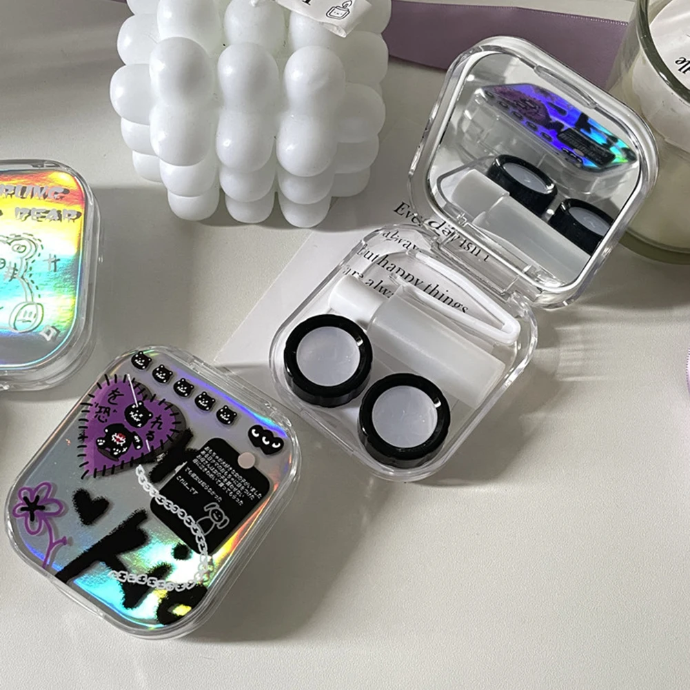 Laser Bear Cover Contact Lens Case Box With Mirror INS Colored Lenses Container Beauty Lens Storage Box Travel Set Gift Girl