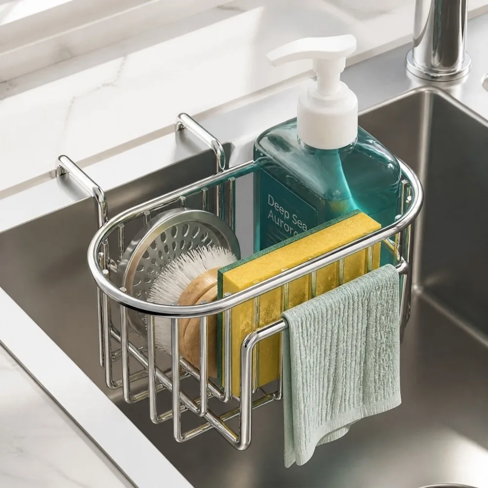 Wall Mounted Kitchen Sink Organizer Stainless Steel No Drill Kitchen Storage Holder Rustproof Hollow Drainage