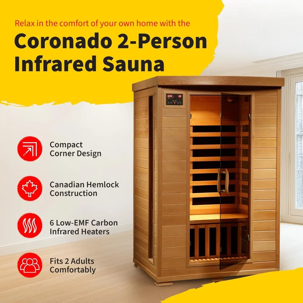 Radiant Saunas 2-Person Hemlock Infrared Sauna with 6 Carbon Heaters, Chromotherapy Lighting