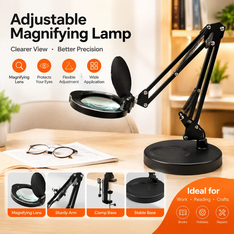 Magnifying Lamp with LED Light, Folding Eye-Care Style, Compact Reading Desk Lamp for Repair, Makeup, Nails and Craft, Magnifier