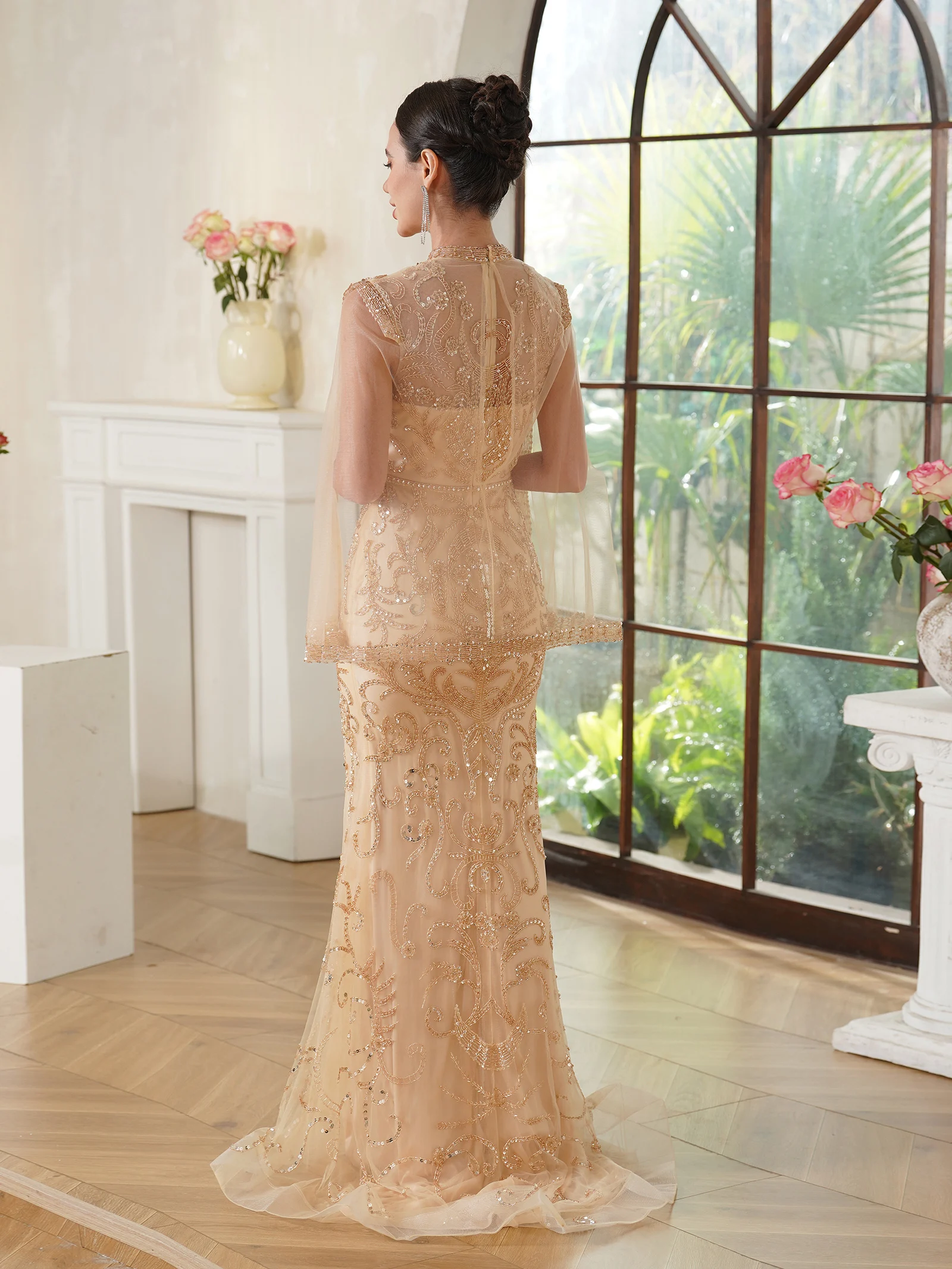 FATAPAESE Luxury Wedding Dress with High-neckline Glitter Beading Stones Bodice  Back Cap Sleeve Bride Mermaid Gown Dubai