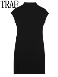 TRAF 2023 Black Knitted Dresses For Women Elegant Short Dresses Woman Mini Bodycon Dress Women High Neck Sleeveless Party Dress