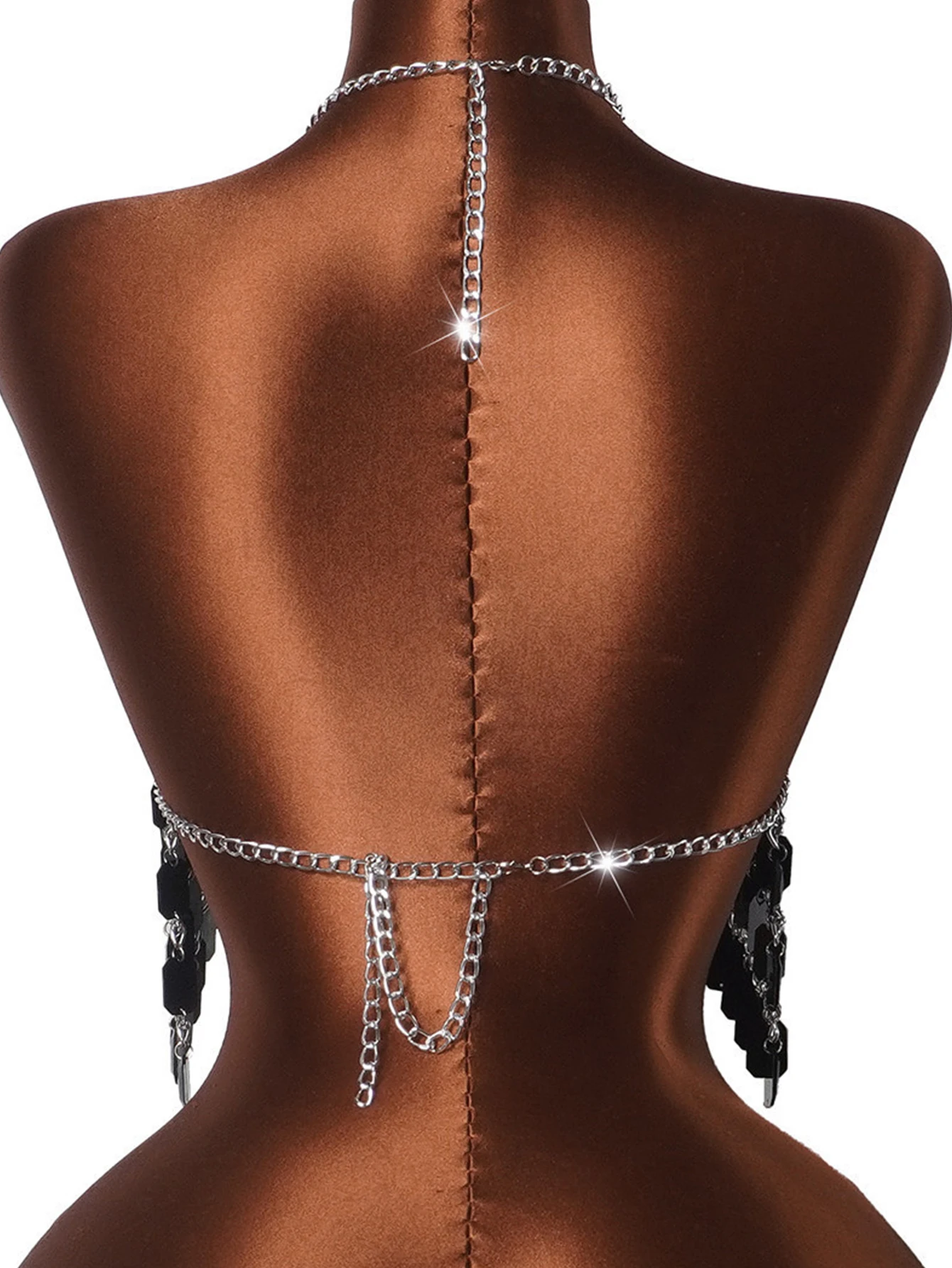 Sexy black metal rhinestone tanks top women summer night club party tops for woman see through beach halter crop top y2k clothes