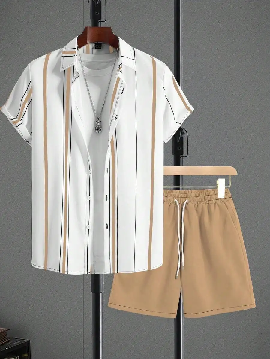 Manfinity Homme 2pcs/Set Men Striped Short Sleeve Single-Breasted Shirt & Shorts Sets For Men Summer