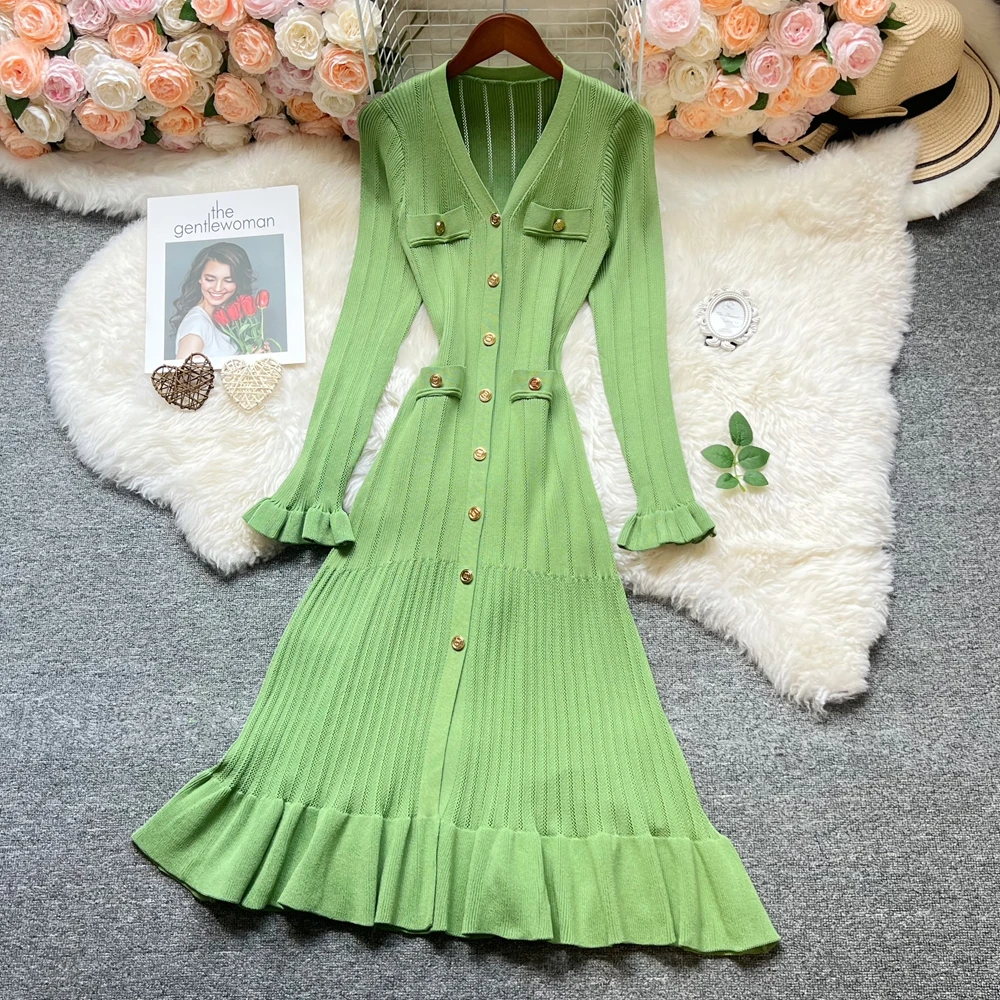 

YuooMuoo модное брендовое элегантное вязаное длинное платье 2022, осень-зима, женское винтажное платье-свитер с v-образным вырезом и рюшами, вечерние платья