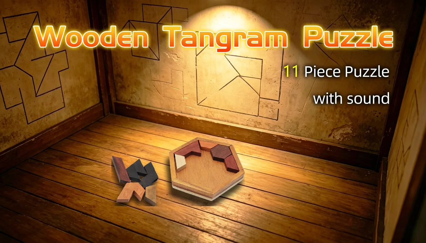 Mysteriöses Studio-Escape-Room-Requisit, Escape-Room-Spiel, Puzzle-Requisiten, hölzerne Tangram-Puzzles 1987 – Detail 1