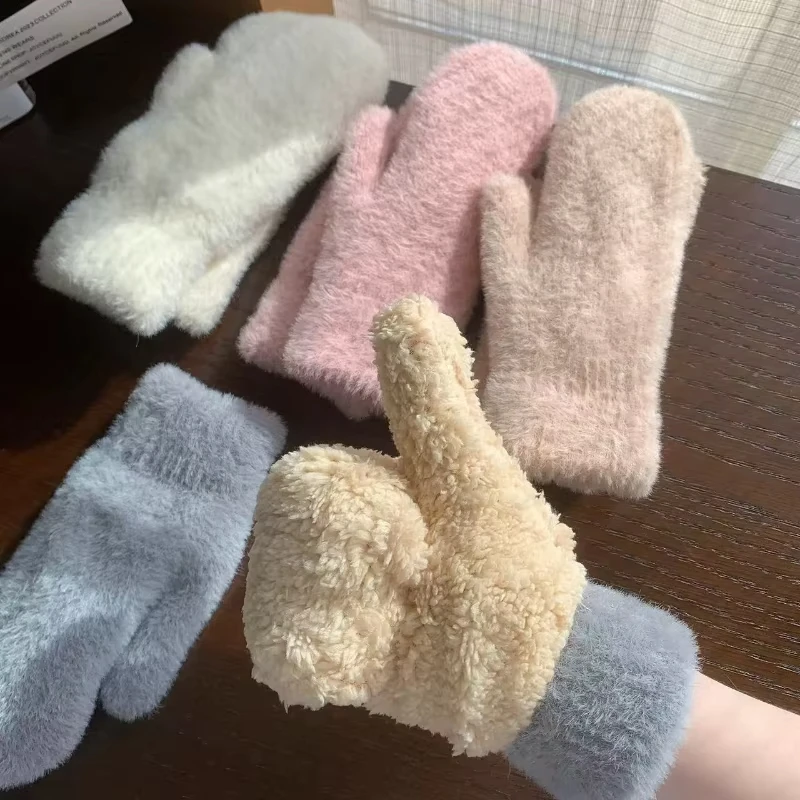 Mode Nerz Wolle Handschuhe Frauen Winter Verdicken Kurze Flauschige Plüsch Fäustlinge All-gewickelt Handschuhe Kalt-proof Outdoor Winddicht handschuhe