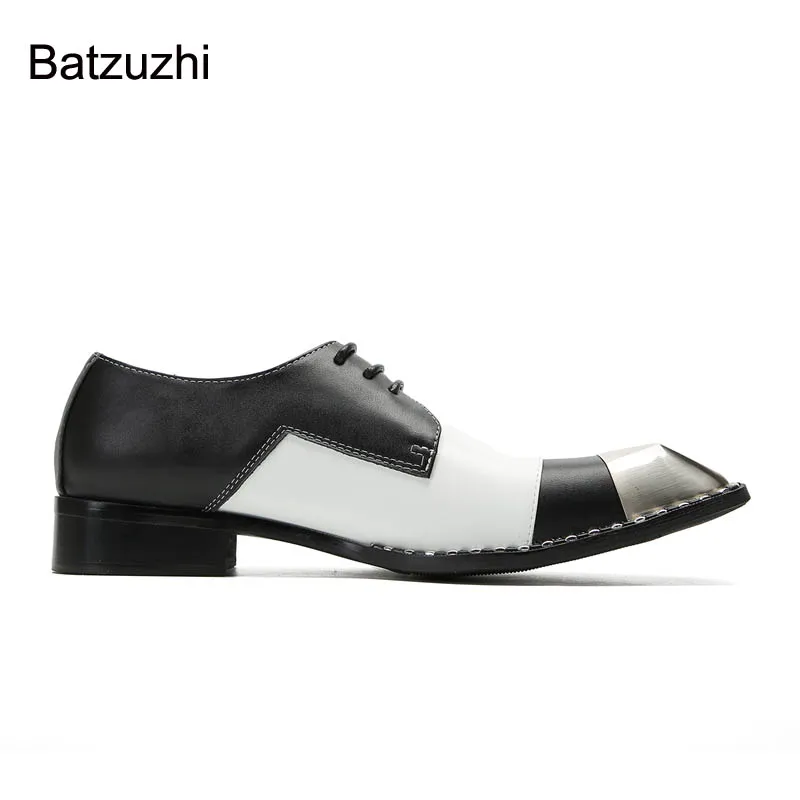 Batzuzhi Silver Metal Tip Black and White Genuine Leather Dress Shoes Men Lace-up Business, Party, Wedding Shoes Men! Big Sizes