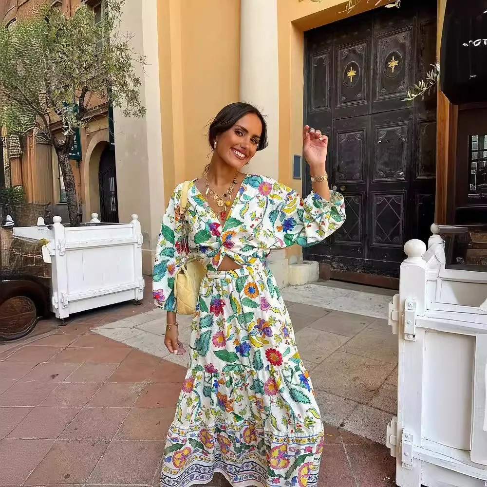 Cut Out Print Long Dress Women Boho Knot Floral Midi Dress Summer Puff Sleeve Elegant Dresses Tied Ruched Holiday Dresses