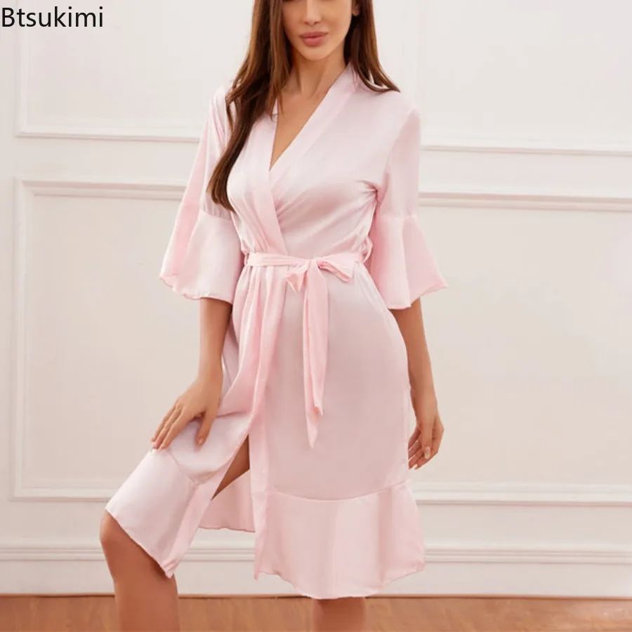 ชุดคลุมอาบน้ำผ้าไหมซาตินสำหรับผู้หญิง ชุดกิโมโนเซ็กซี่ ชุดคลุมแต่งงาน ชุดนอนลำลองสำหรับใส่ที่บ้าน ชุดนอนฤดูร้อน ชุดนอนหลวมๆ