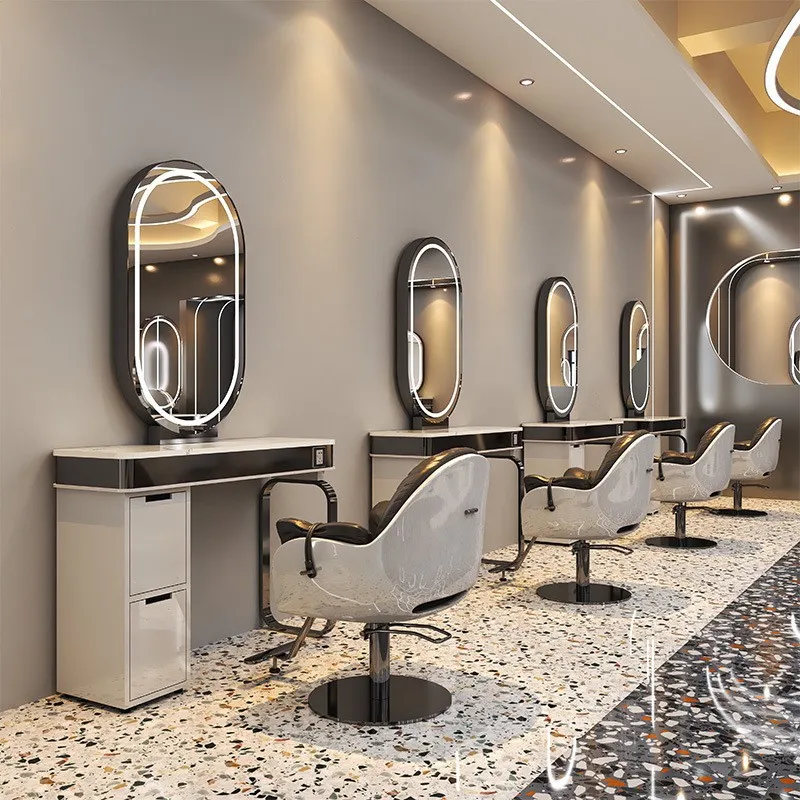 High-end barber store mirror table hair salon special single-sided double-sided marble hairdressing mirror with cabinet hair cut