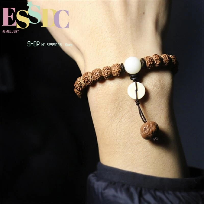 7*9mm Natural Rudraksha Beads Bracelet Fashion Men Women's Single Circle  with Beautiful Shoushan Stone Charm Wholesale