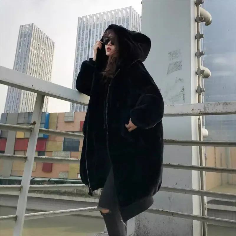 New long large-sized fur mixed coat women's hooded thickened zipper warm and fluffy