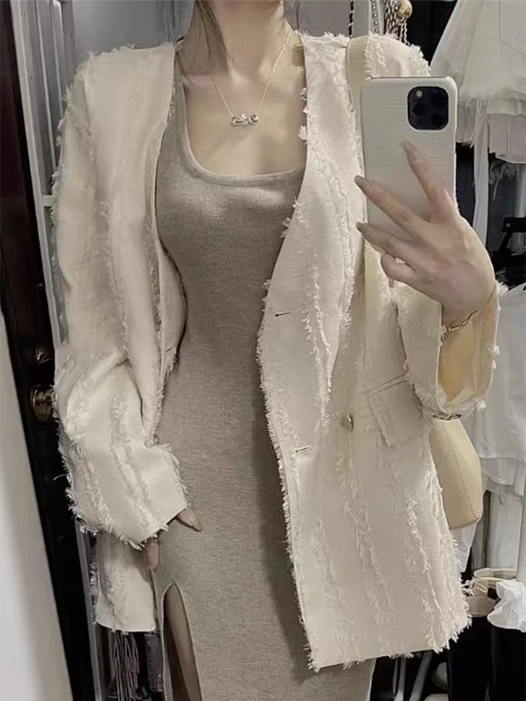 Fashion Long Sleeved Women's Loose Medium Length Suit Jacket Winter New Women V-Neck Heart-Shaped Button Feather Fringe Jacket