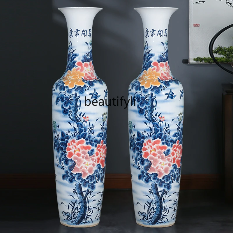 Jingdezhen Ceramics Hand-Painted Floor Large Vase Flower Arrangement Chinese Living Room Decoration Large