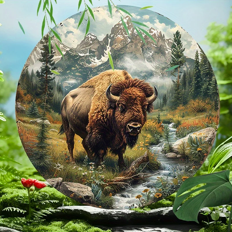 Realistic American Bison Wreath Sign: 8x8 Inch Aluminum Metal, Four Seasons Illustration, Home Decoration, Coffee Shop