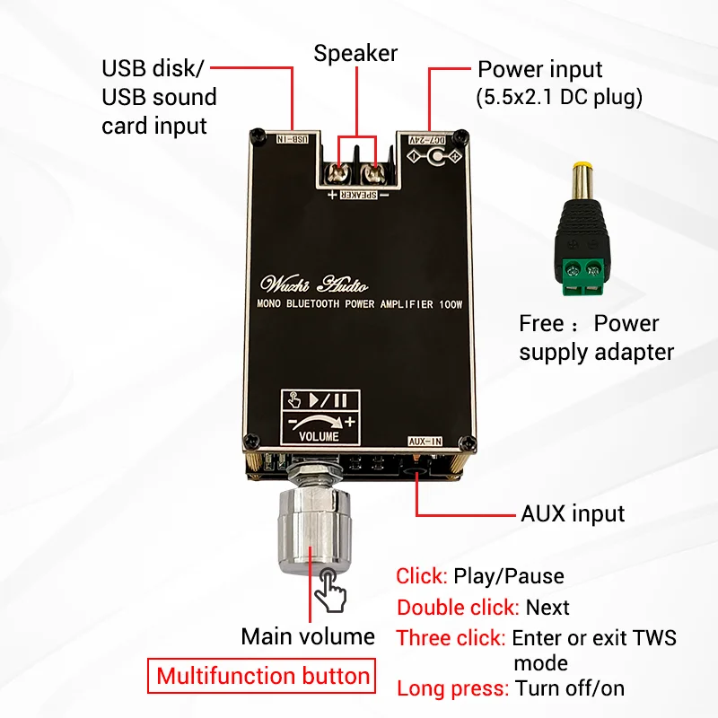 

100W Bluetooth 5.1 TPA3116D2 Mono Bt Audio Power Amplifier Module AMP Amplificador Home Theater With TWS Mode 1001B