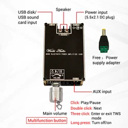 Amplificador DE POTENCIA DE Audio TPA3116D2 para cine en casa, módulo Amplificador de 100W con Bluetooth 5,1, Mono Bt, modo TWS, 1001B