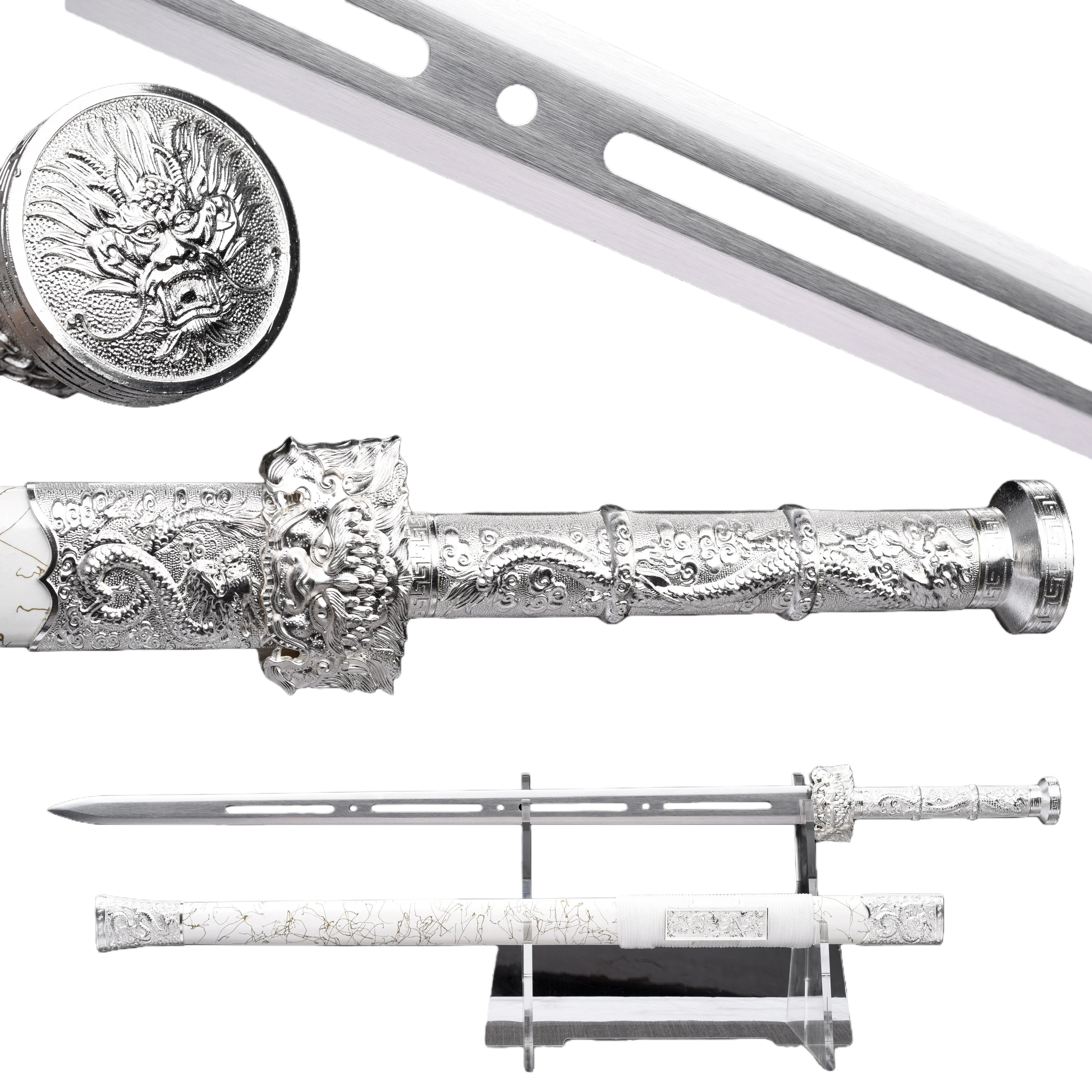 Chinese Kowloon Silver samurai Sword, medieval retro sharp Japanese katana, training full-handle combat preparation for martial