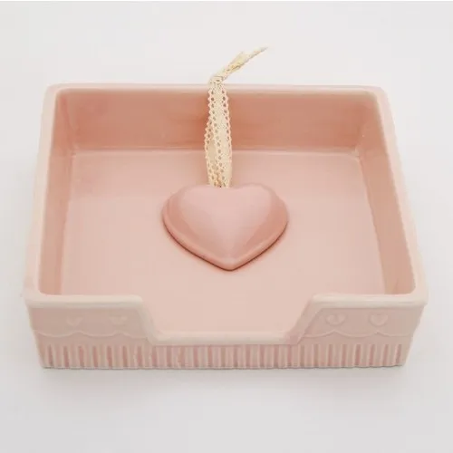 Evvehediyelikeşya Square Heart Pattern Ceramic Pink Napkin Holder