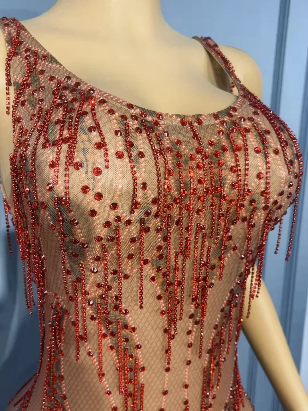 ผู้หญิงสีแดงเพชรพู่พิมพ์Spandexบอดี้สูทถังOคอGogoเต้นรําเครื่องแต่งกายShowgirl Evening ClubชุดนอนDropshipping