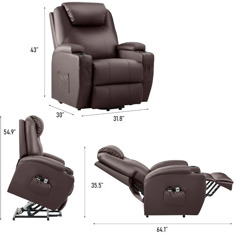 Power Lift Recliner Chair with Massage for Elderly  Leather Modern Reclining Sofa Chair with Cup Holders, Remote Control,(Brown)