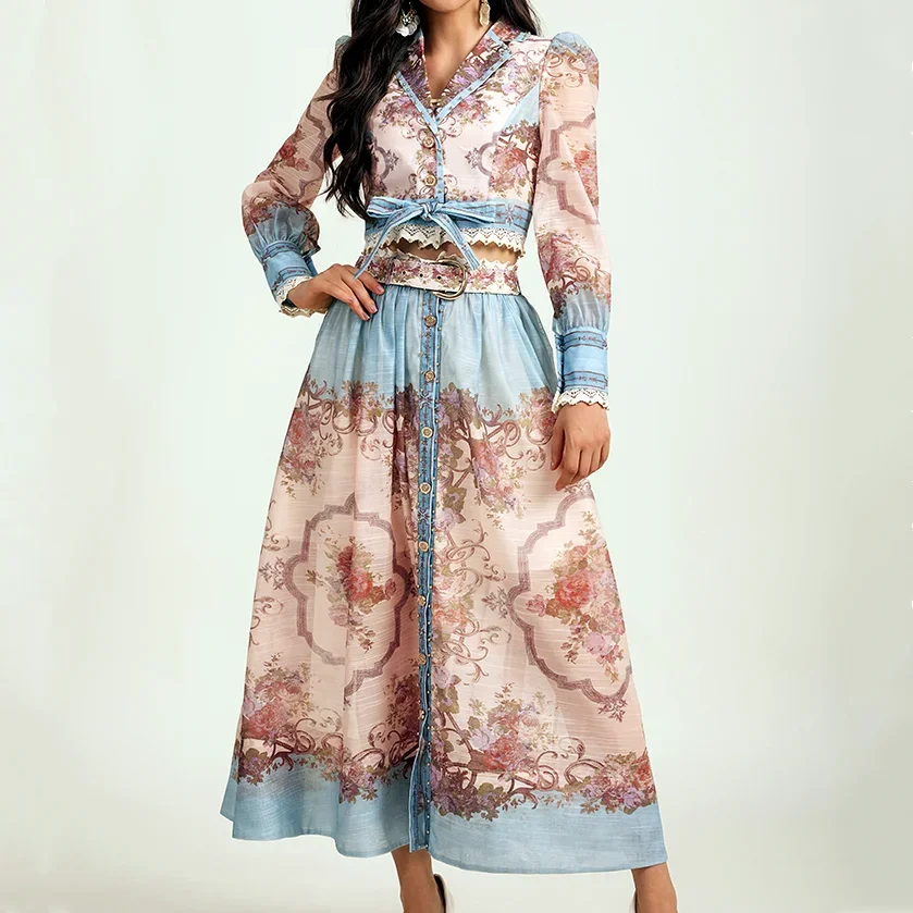 

Australian Niche Summer New Maritime Vacation Collection Retro Waist Collection Printed Short Shirt+half Length Skirt Set 2024