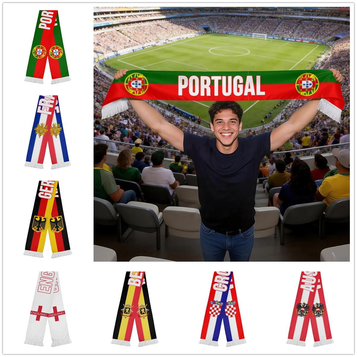 

Soccer Fans Scarf Flag of England France Spain Portugal Germany Belgium Croatia Switzerland Swiss Austria Cheering