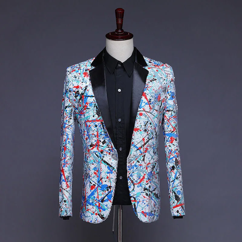 O637Groom's printed sequined suit for stage performance singer DJ host bar