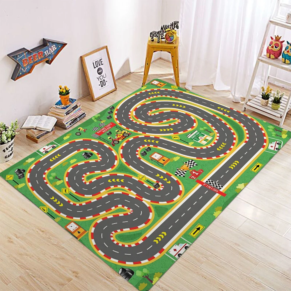 Kids Car Rug, Race Track Playmat Rugs for Cars, Road Traffic Carpet for Playroom Fun City Life Map Toy Play Mat for Bedroom Boys