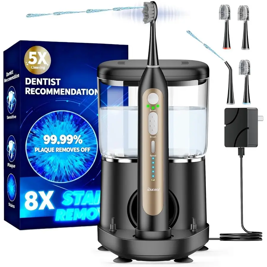 Toothbrush with Water Flosser, Upgrade Flossing Toothbrush Combo with 3 Brush 1 Nozzle, 5 Floss Speedsamp3 Brush Modes, 500mL Ta