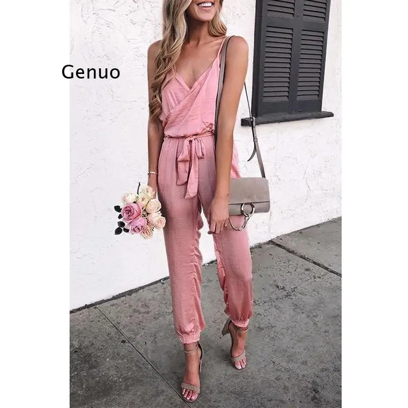 

Women Jumpsuit Pure Color Sling Belt Ladie Playsuit Party V-Neck Loose Bandge Rompers Pocket Waist Clubwear Skinny Slim Clothing