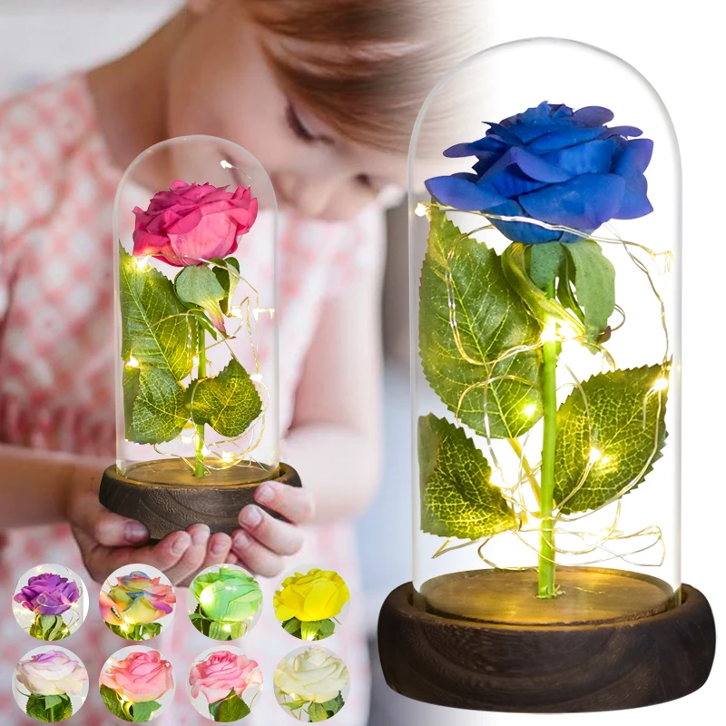 Beauty and The Beast Red Rose In Glass Dome Artificial Flowers LED Light Lamp for Wedding Valentine's Gifts Christmas Birthday