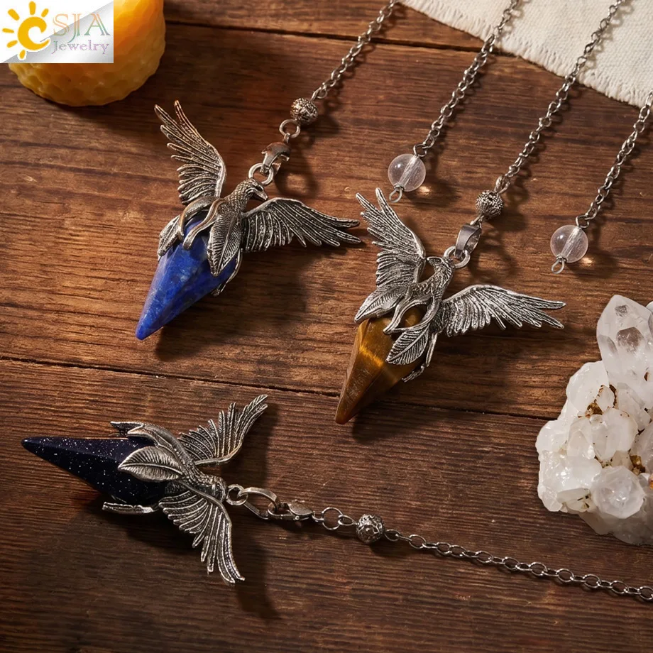 Vintage Crystal Pendant Pendulum Phoenix Bird Charm Healing atural Stone Obsidian Quartz Pendulos for Dowsing Divination H895