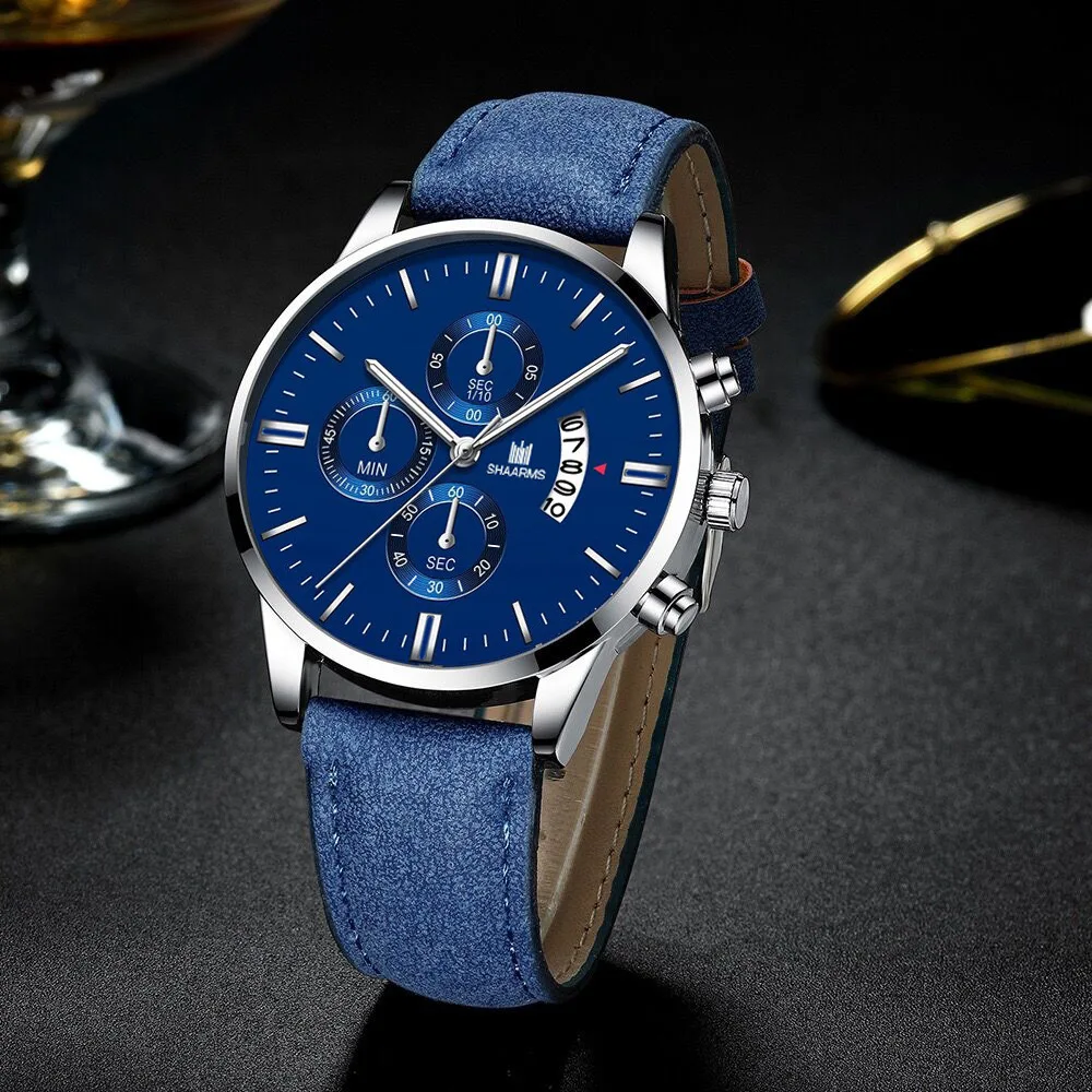 Reloj clásico de cuarzo de negocios para hombre, pulsera con correa de cuero para hombre, reloj de pulsera con tres calendarios falsos, reloj de cuarzo para hombre