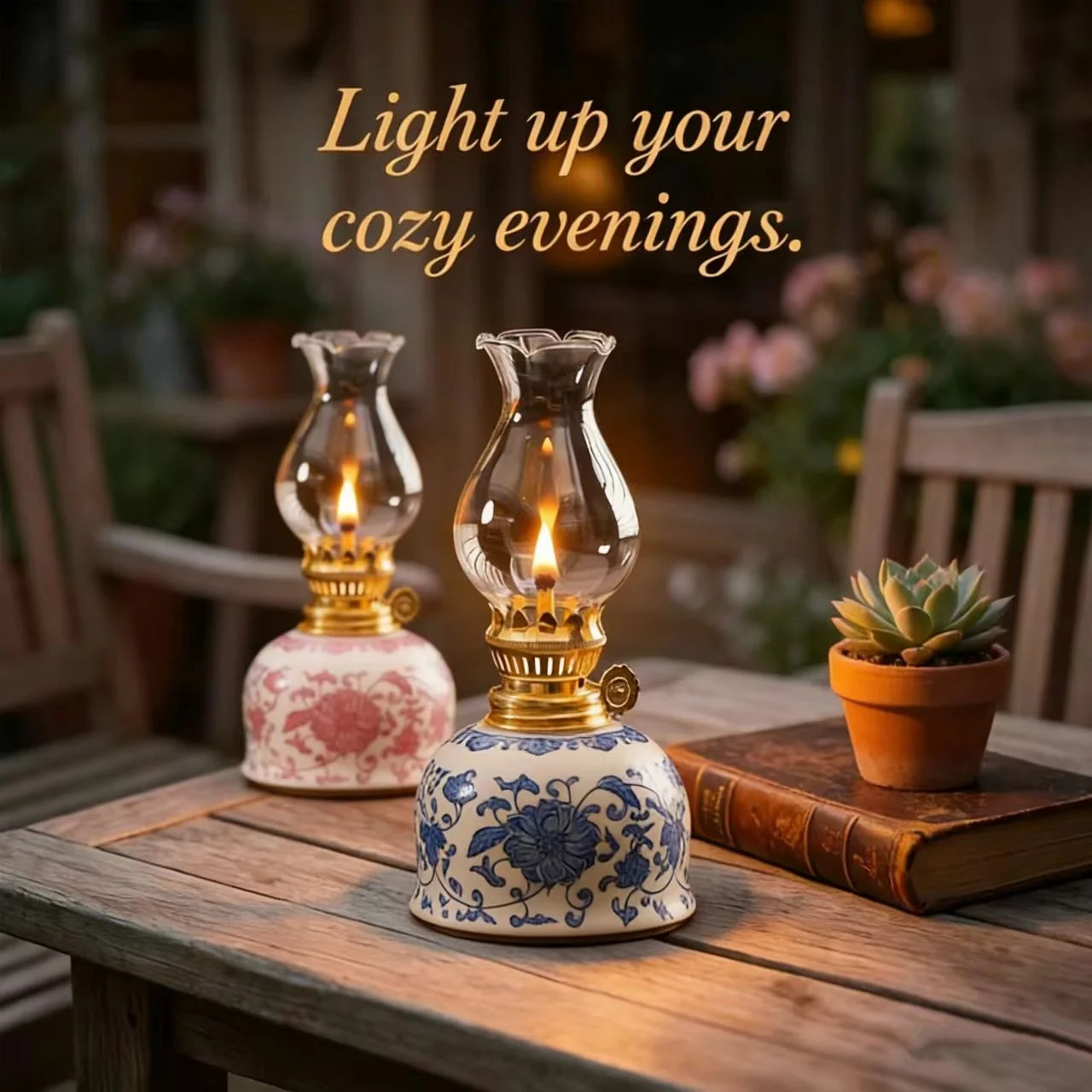 1 vintage Ceramic Oil Lamp with Two Accessories, Windproof Glass Candle Holder, Suitable for Tea Room and Courtyard Decoration,