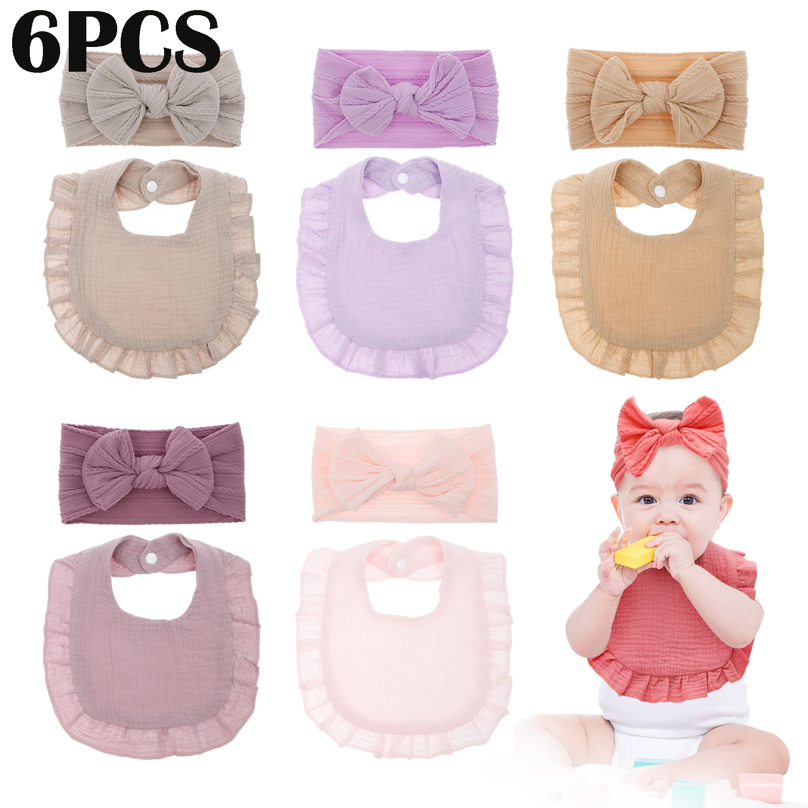 

6 Pcs Practical Baby Drool Bib Soft and Absorbent Drooling Bib with 6 Bow Hairband for Children Toddler Infant Girl and Boy
