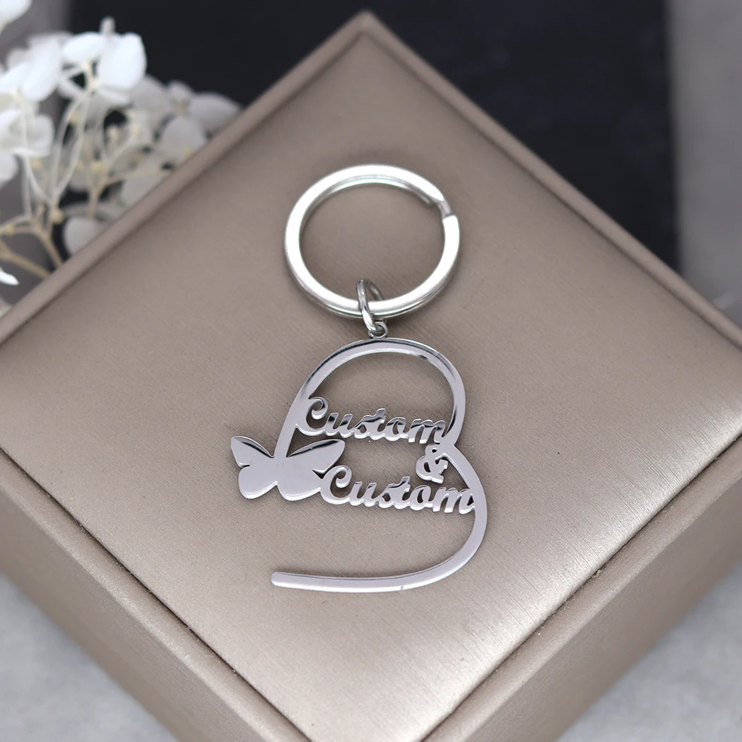 QIMING Personalized Custom Two Name Keychain For Men Stainless Steel Customized Butterfly Key Ring Jewelry Birthday Gift