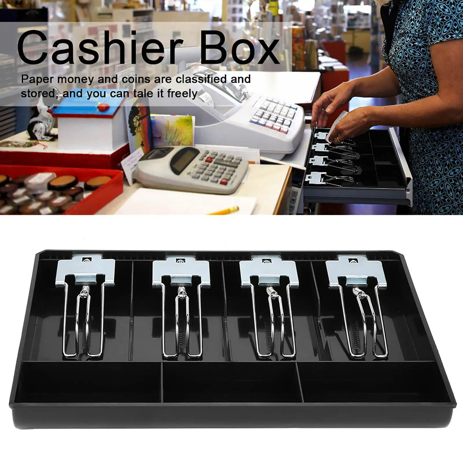 Cash Register Drawer Insert Cash Drawer Register Insert Tray Replacement Cashier Four Box with Metal Clip Cash Register Insert