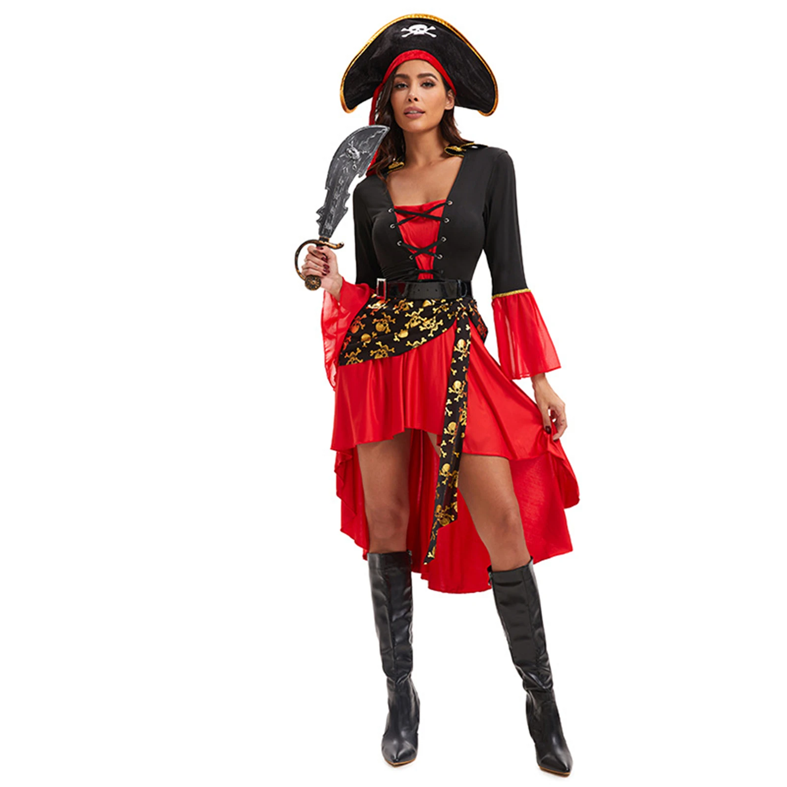 

Women's Halloween Pirate Captain Dress Medieval Gothic Lace Up Dress With Hat Belt Stage Performance Costume