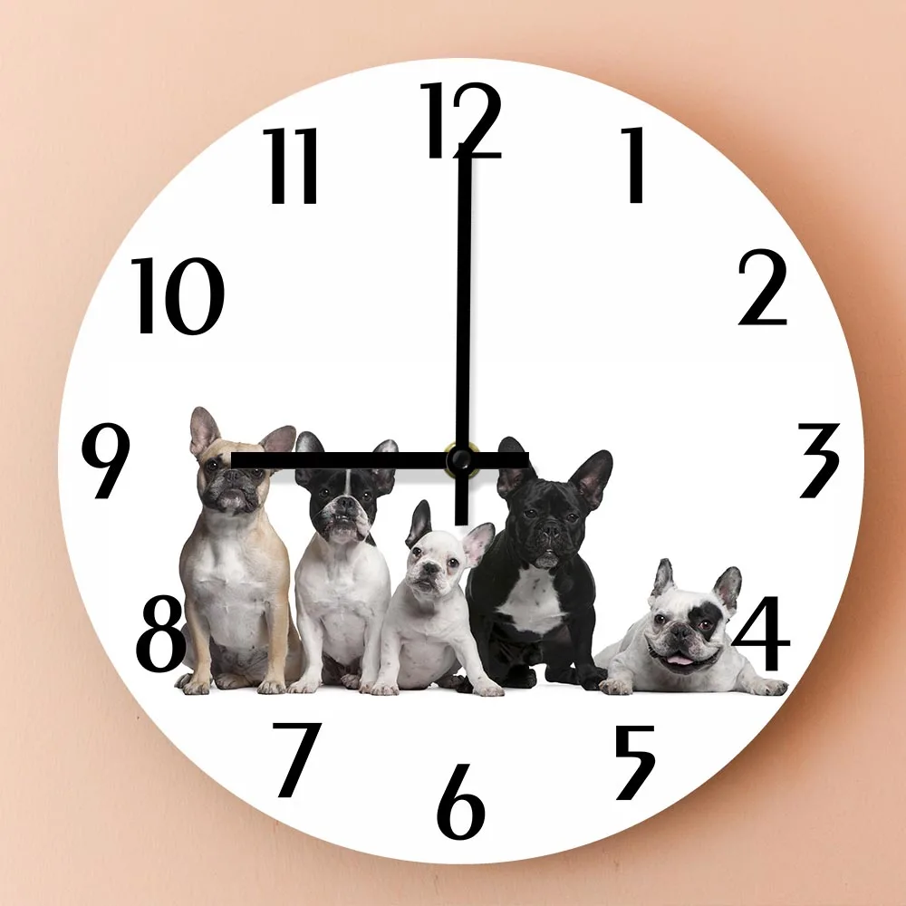 Cute French Bulldogs Wall Clock For Pet Shop Bouledogue Francais Frenchie Puppy Owners Home Decor Timepieces Silent Wall Watch
