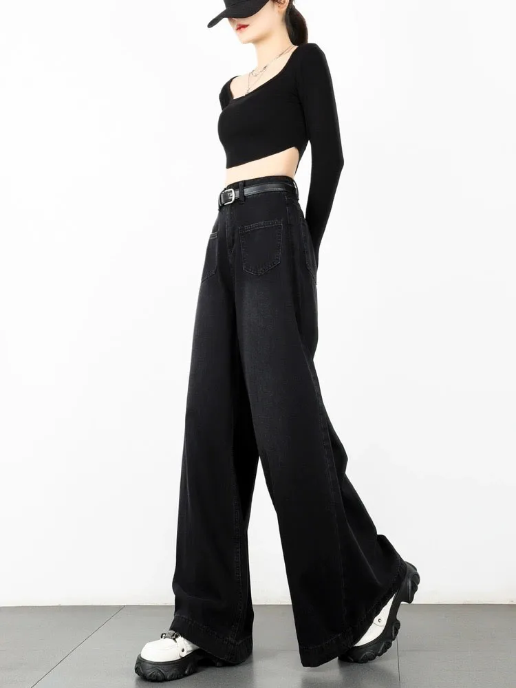 Hochwertige Hose mit weitem Bein schwarz hohe Taille Jeans in voller Länge einfache lässige Cyber-HipHop-Jeans hose koreanische Mode Gothic