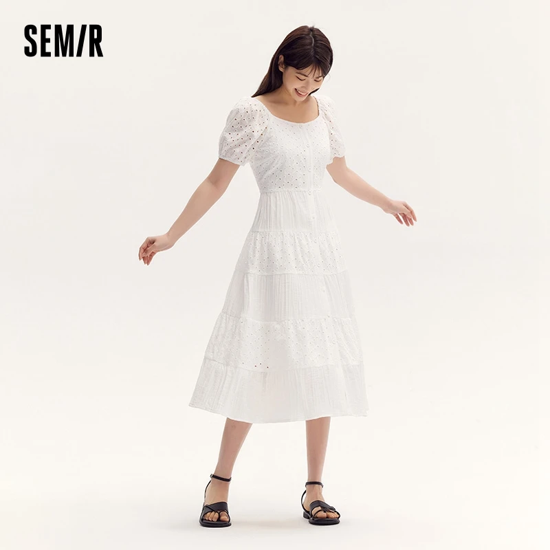 Semir Dress Women Square Collar Spliced Mid-Length Dress 2024 Summer New Hollow Texture Little White Dress French-Inspired