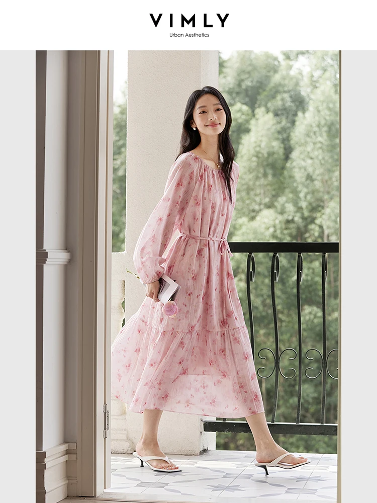 

VIMLY Women's Elegant Vacation Style Floral Printed Dress 2025Spring Lantern Sleeve Waist with Lace-Up Casual Office Lady Dress