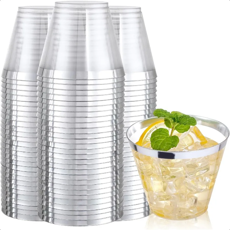 

200PCS Sier Plastic Cups 9Oz Heavy Duty Plastic Cups Gold Rimmed Cup Clear Cup with Gold Rim for Party Wedding