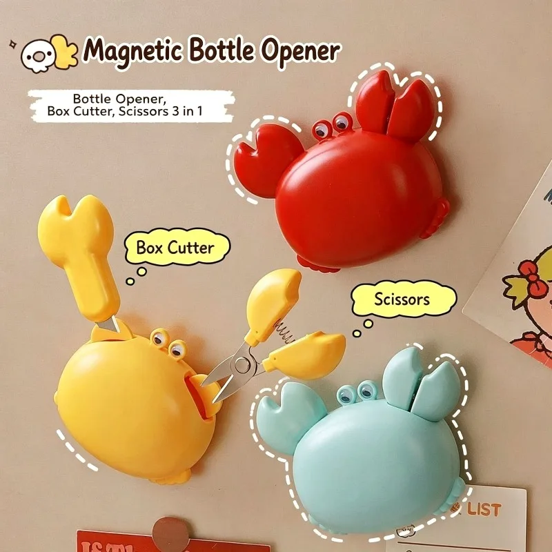 Crab 3 In 1 Magnetic Bottle Opener Multifunctional Fridge Magnet Mini Scissors Box Cutter Portable Gadgets Household Tool Set