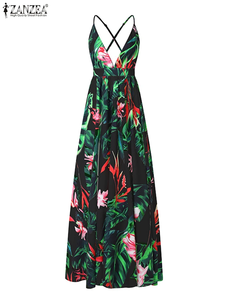 

Vintage V-neck Dress Women Sleeveless Sundress Summer Floral Printed Beach Vestidos Casual Loose Fashion Party Robe 2025 ZANZEA