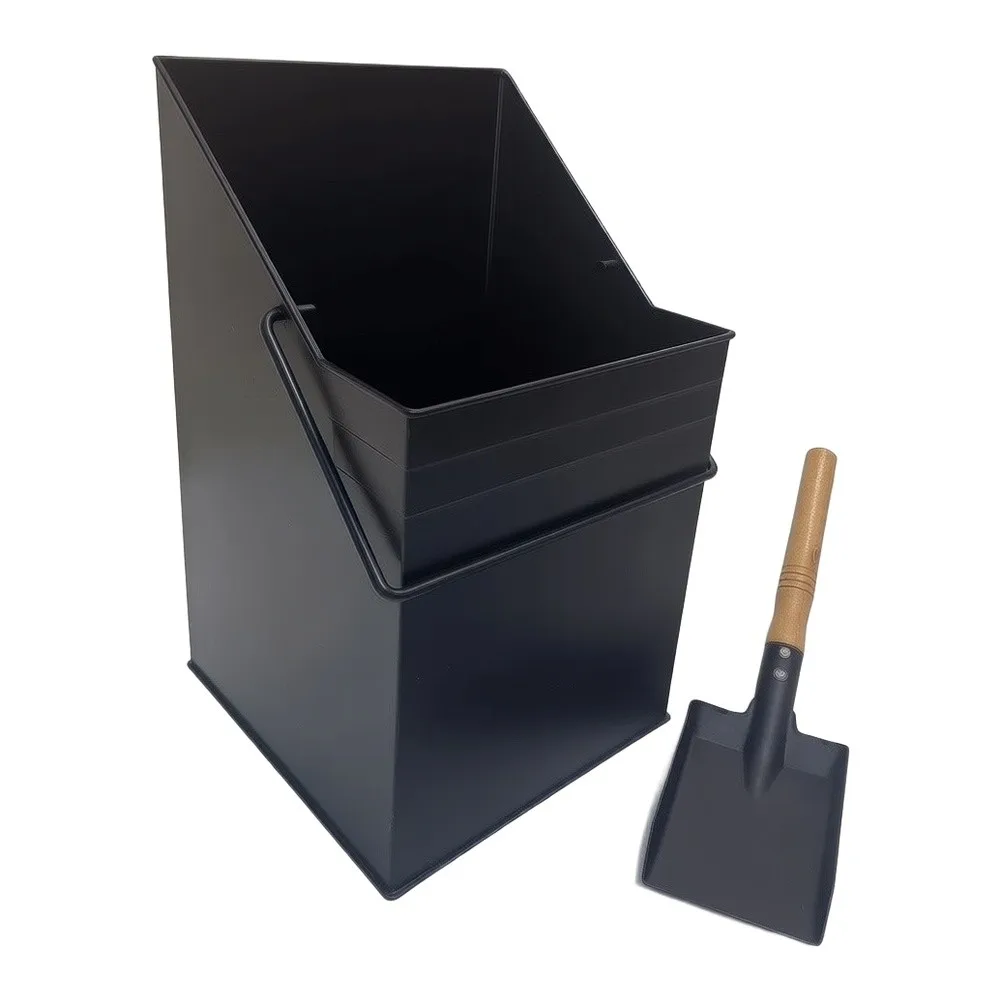 2 Piece Fireplace Tool Set with 22.5x18x38cm Iron Ash Bucket and 9.5x16x22cm Slant Square Shovel for Home Fireplace Setup