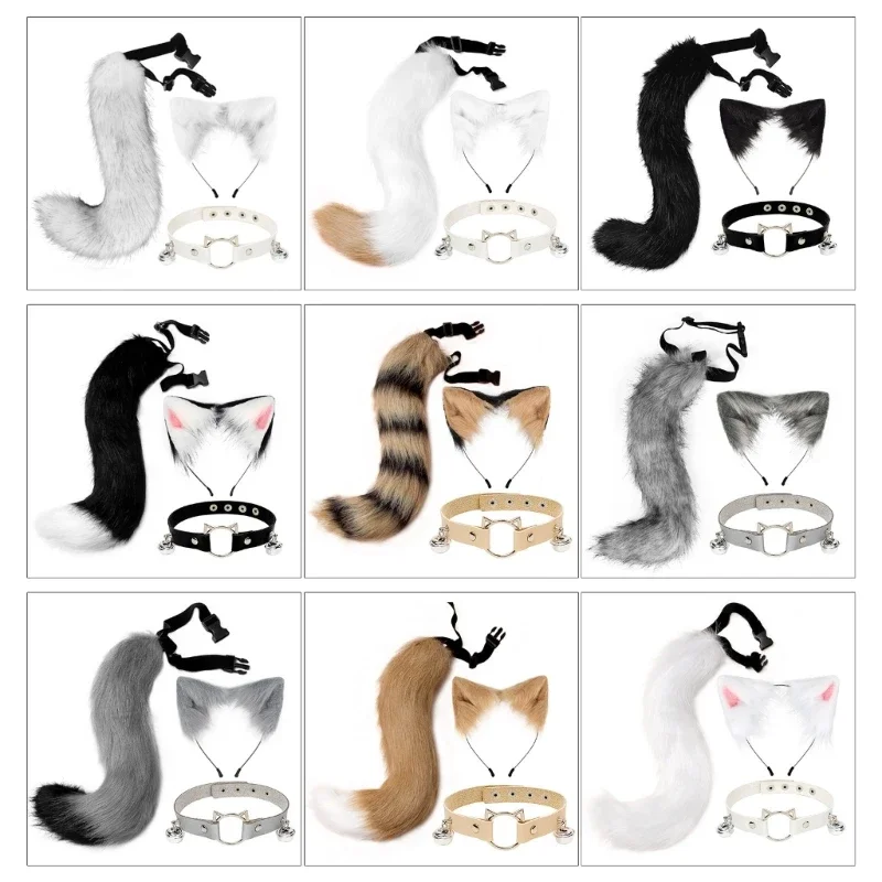 

Furry for Cat Ears Headband Soft Animal Tail Necklace Cosplay Party Photo Prop