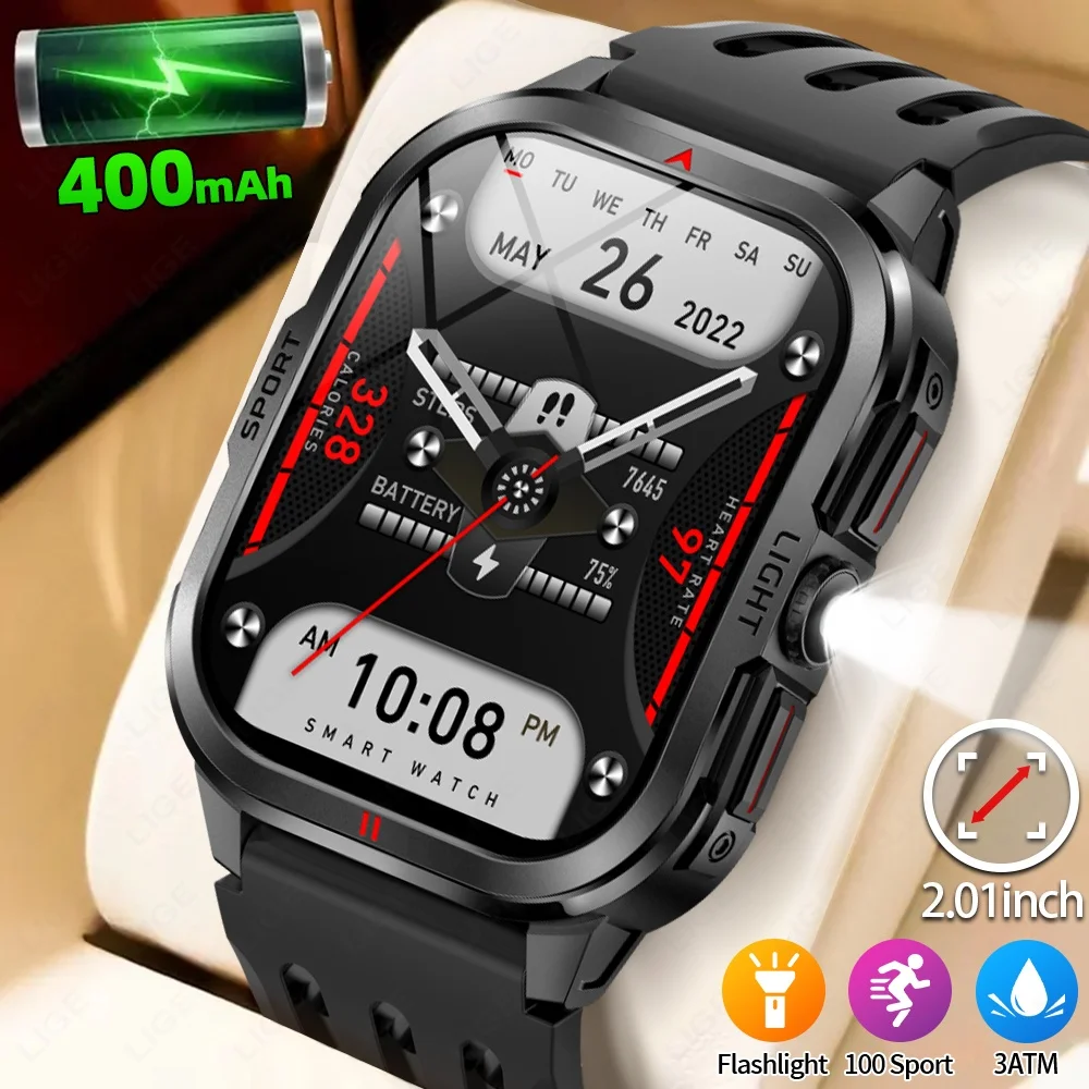 LIGE Fashion Military Smart Watch Men Flashlight 3ATM مقاوم للماء في الهواء الطلق الرياضة المقتفي معدل ضربات القلب بلوتوث دعوة الرجال Smartwatch
